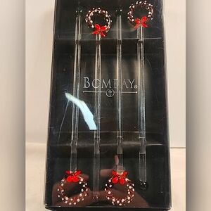 BOMBAY Blown Glass Christmas Wreath Stir Sticks x 4 Cocktail Swizzle NEW In Box